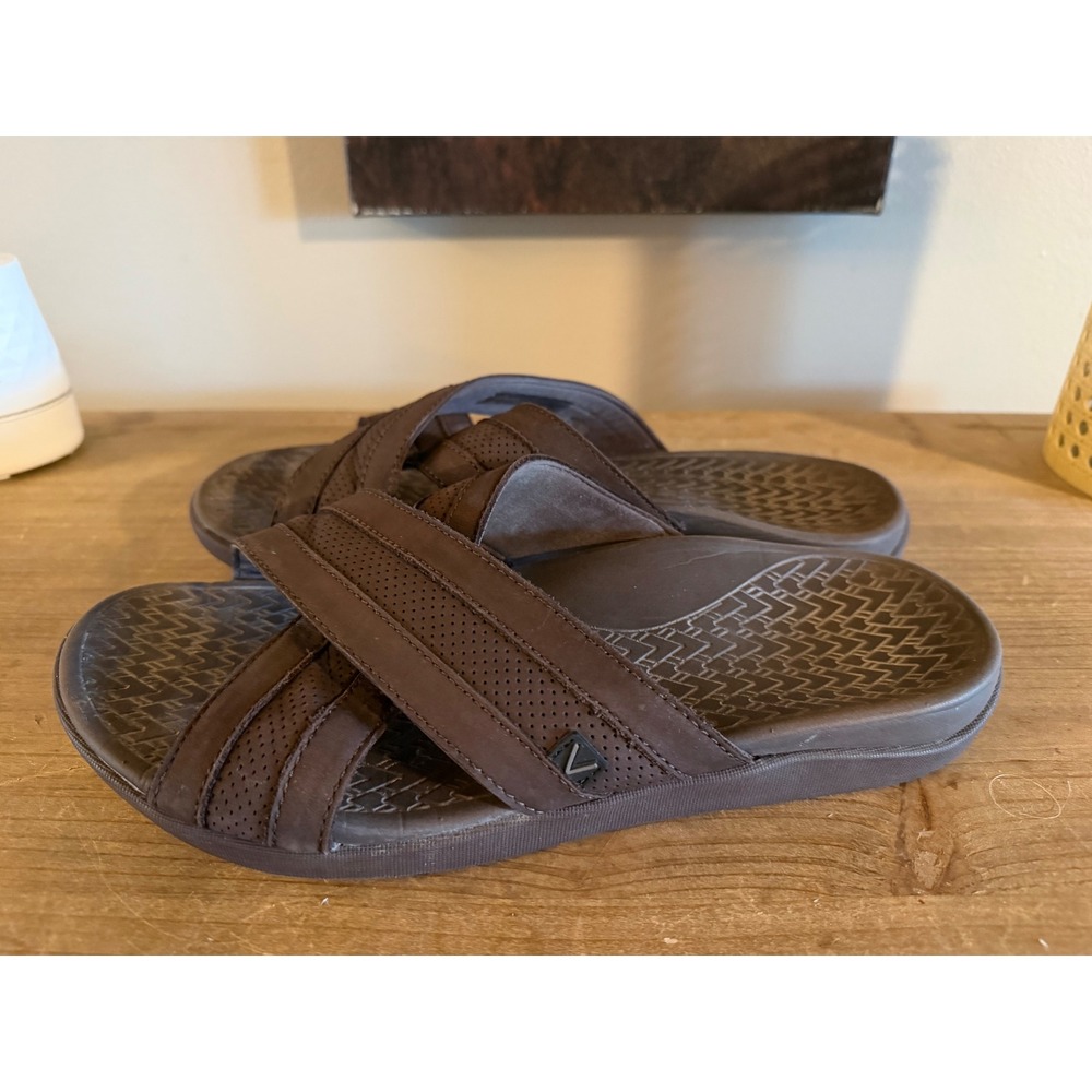 Vionic Mens Bryce Slide Sandals Brown‎ Leather Orthotic Cross Strap Shoes